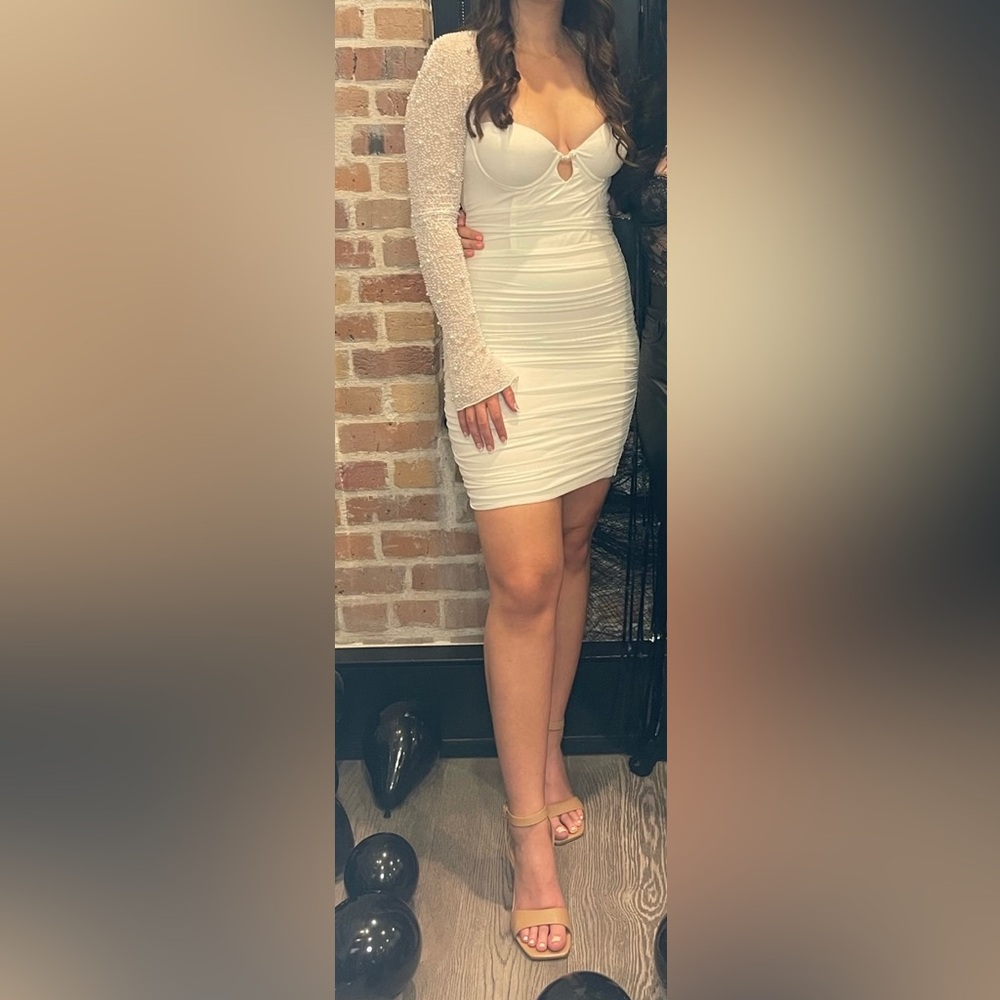 Oh Polly worn once Embellished Long Sleeve Mini Dress in White